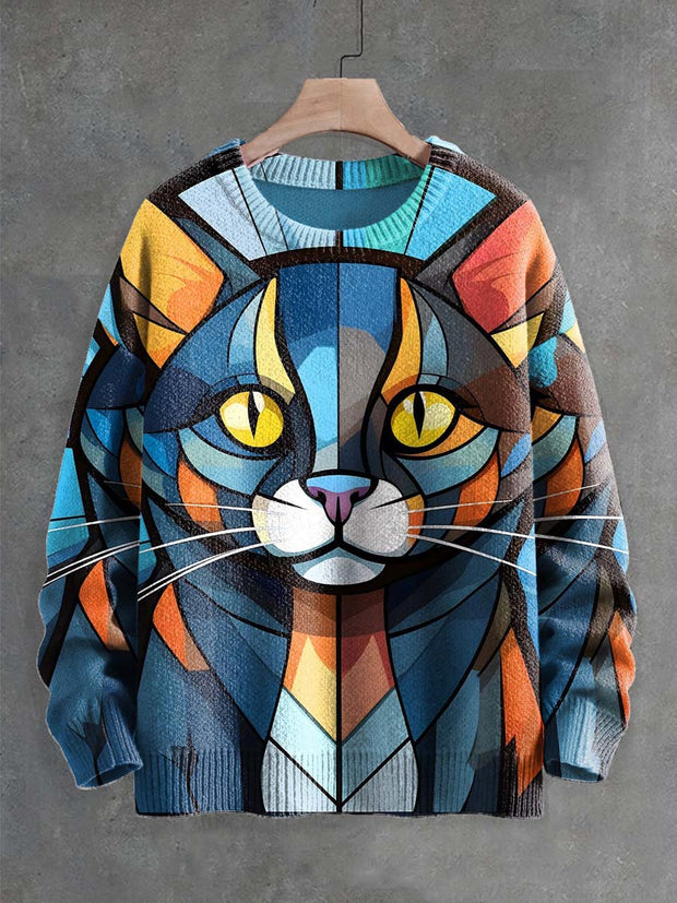 Unisex Abstract Color Block Cat Print Crew Neck Sweater