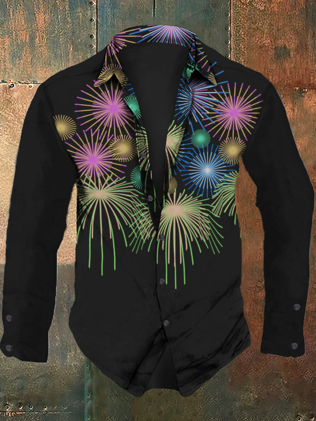 Men's Retro Fireworks Art Pattern Printed Casual Fashion Collar Long Sleeve Shirt