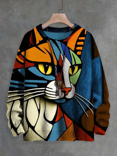 Unisex Abstract Color Block Cat Print Crew Neck Sweater