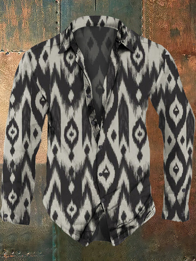 Men's retro abstract art pattern printed casual fashion lapel long sleeved shirt