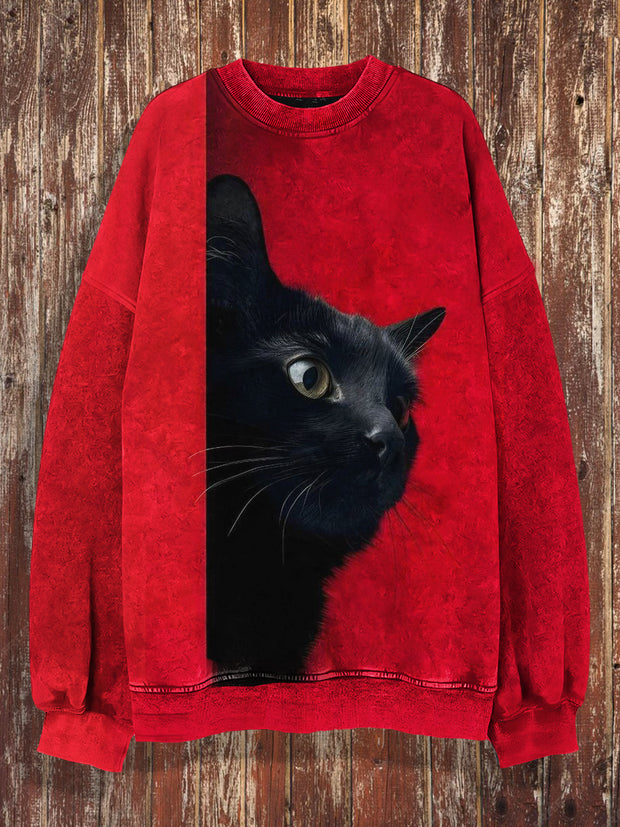 Unisex Magic Black Cat Print Crew Neck Casual Sweatshirt