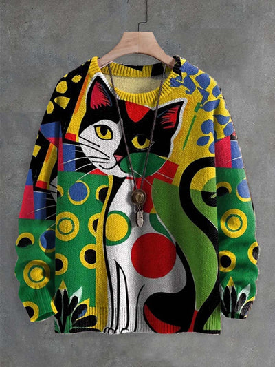 Unisex Abstract Color Block Cat Print Crew Neck Sweater