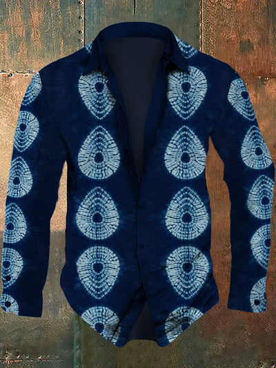 Men's retro abstract art pattern printed casual fashion lapel long sleeved shirt