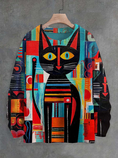 Unisex Abstract Color Block Cat Print Crew Neck Sweater