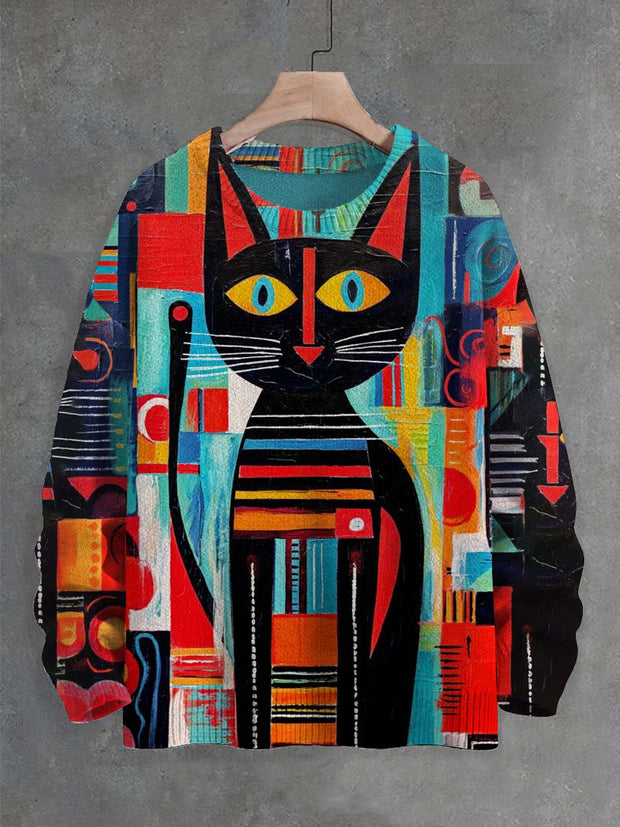 Unisex Abstract Color Block Cat Print Crew Neck Sweater