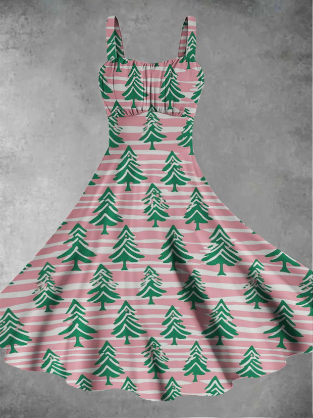 Women's Christmas Tree Retro Printed Casual Fashion Strap Dress