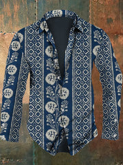 Men's retro art pattern printed casual fashion lapel long sleeved shirt