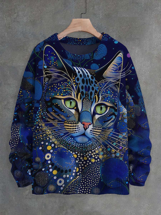 Unisex Abstract Color Block Cat Print Crew Neck Sweater