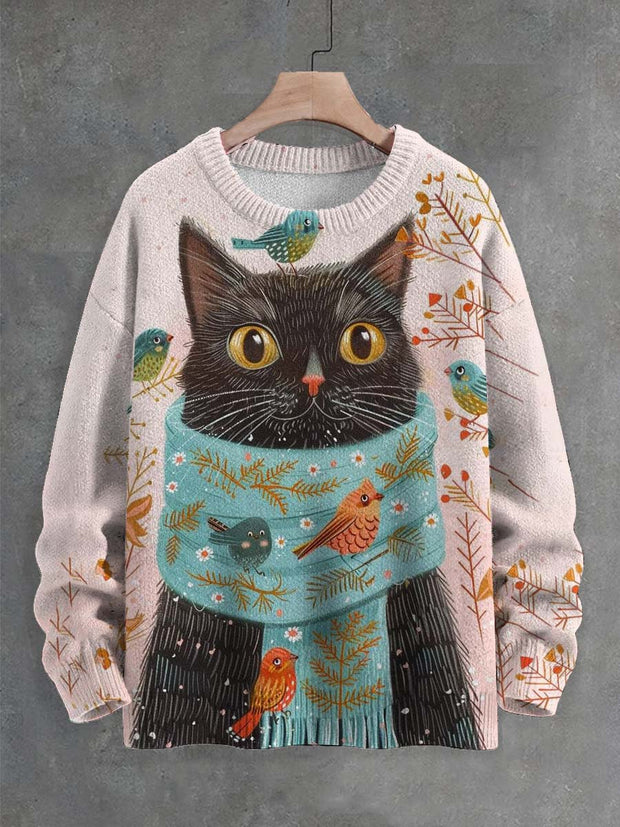 Unisex Cute Winter Neck Cat Print Crew Neck Sweater