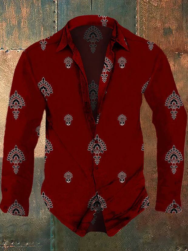 Men's retro ethnic pattern printed casual fashion lapel long sleeved shirt