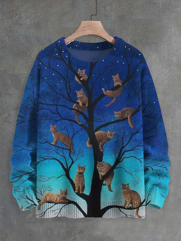 Unisex Cat Tree Print Crew Neck Sweater