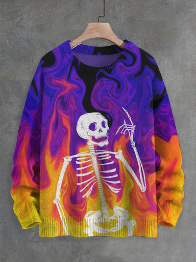 Unisex Flame Skull Print Crew Neck Sweater