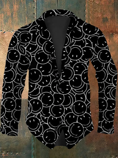 Men's retro smiling face printed casual and fashionable lapel long sleeved shirt