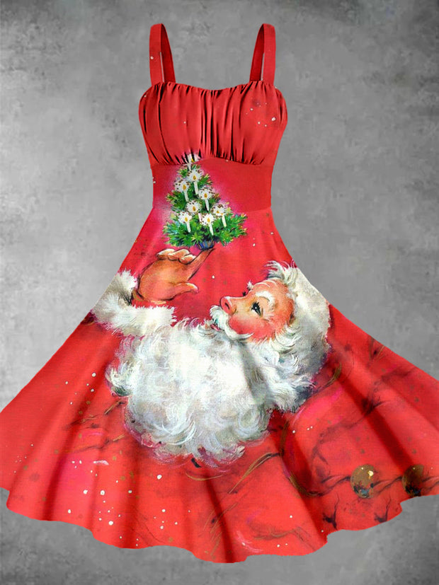 Vintage Santa Claus Christmas Print Daily Sleeveless Dress