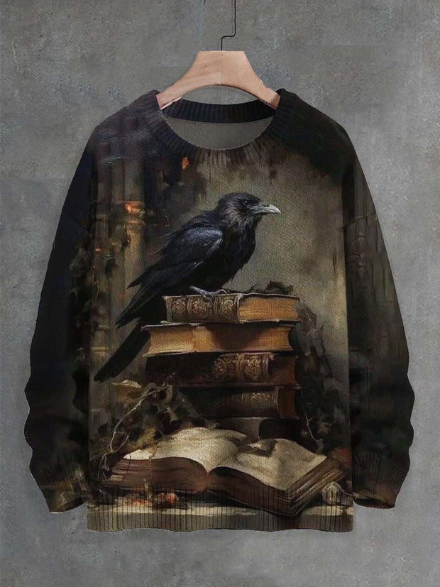 Unisex Vintage Book Raven Print Crew Neck Sweater