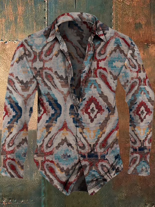 Men's retro abstract pattern printed casual fashion lapel long sleeved shirt