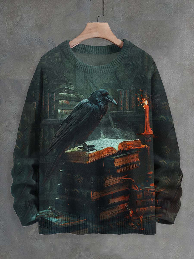 Unisex Vintage Book Raven Print Crew Neck Sweater