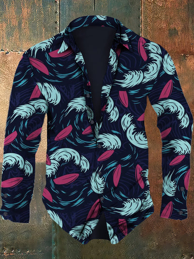 Men's retro abstract art printed casual fashion lapel long sleeved shirt