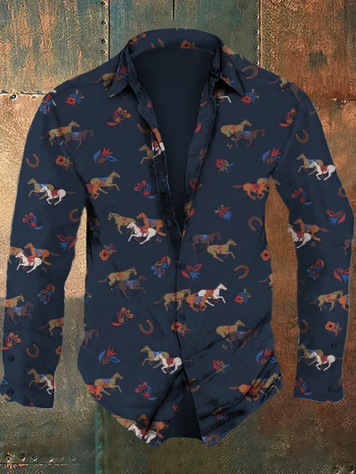 Men's retro floral horse print casual and fashionable lapel long sleeved shirt