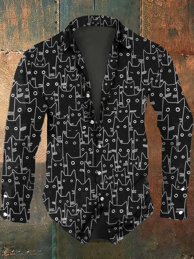 Men's Cat Print Casual Long Sleeve Shirt