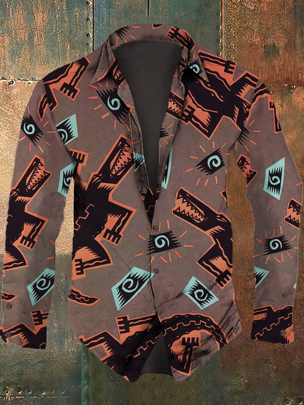 Men's retro abstract art printed casual fashion lapel long sleeved shirt