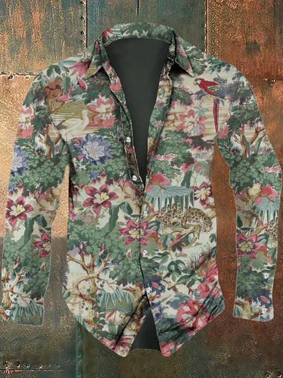 Men's retro floral print casual fashion lapel long sleeved shirt