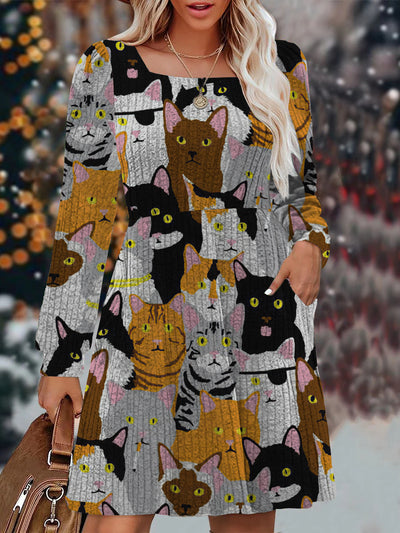 Vintage Funny Cats Print Knit Sweater Dress With Pockets