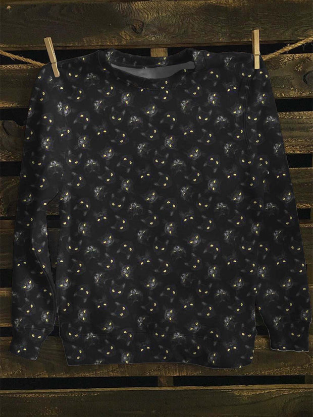 Unisex Black Cat Print Casual Sweatshirt