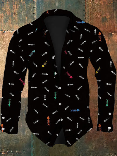 Men's retro fishbone print casual fashion lapel long sleeved shirt