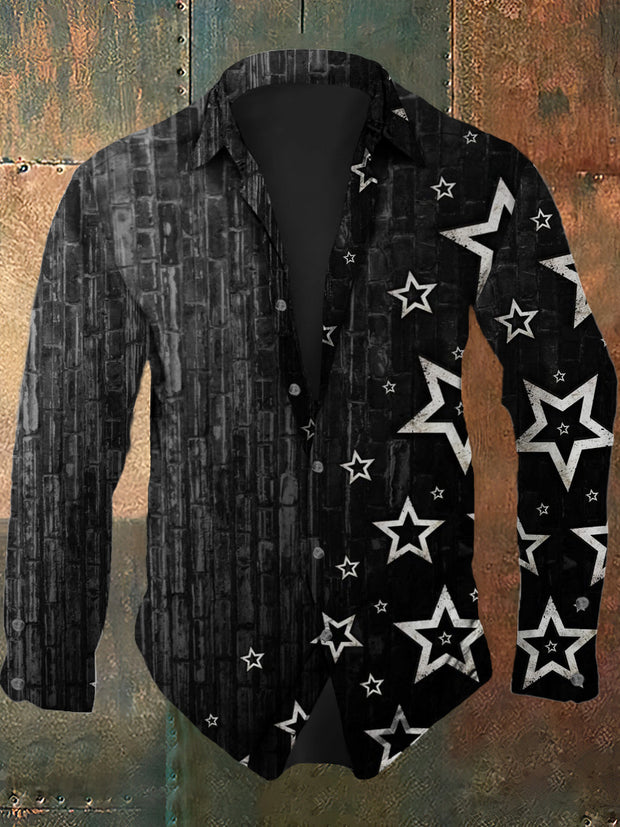 Men's retro Christmas print casual fashion lapel long sleeved shirt