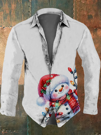 Men's retro Christmas cartoon snowman print casual fashion lapel long sleeved shirt