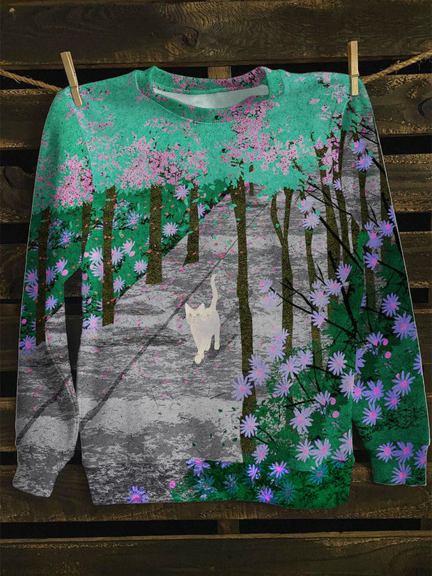 Unisex Walking Cat Print Long Sleeve Sweatshirt