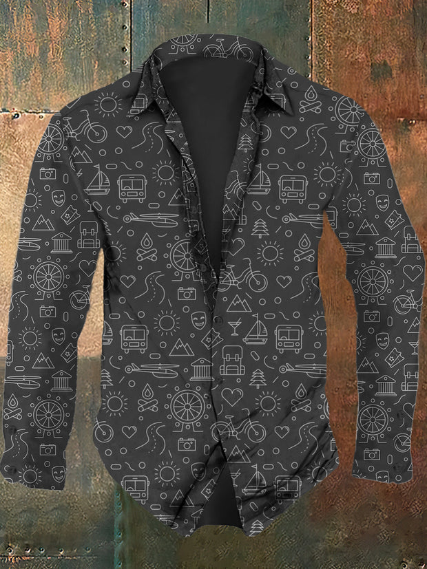 Men's retro cartoon pattern printed casual fashion lapel long sleeved shirt