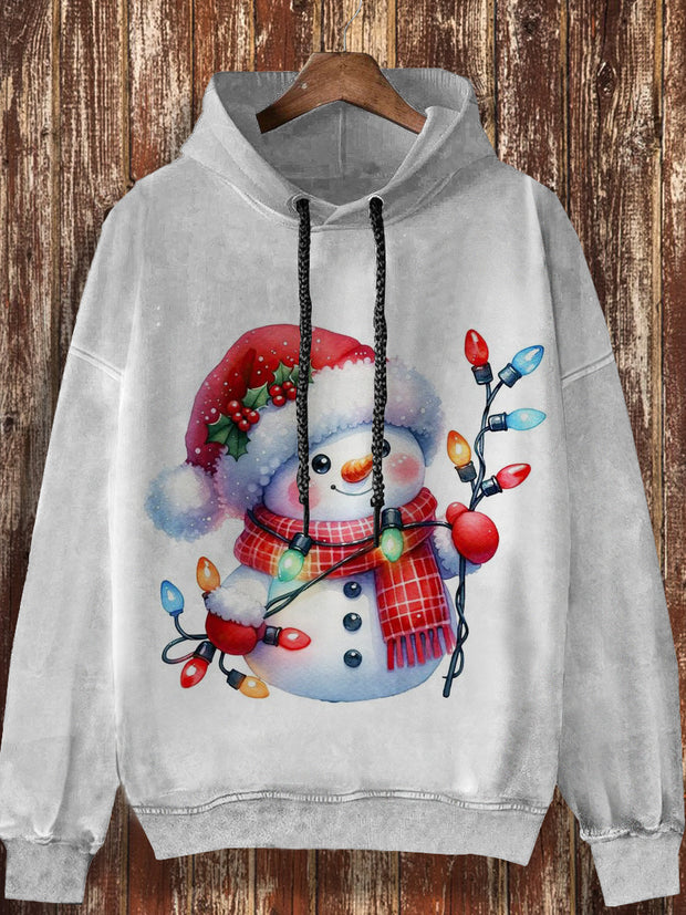 Unisex Christmas retro cute snowman cartoon pattern printed casual loose long sleeved hooded sweatshirt