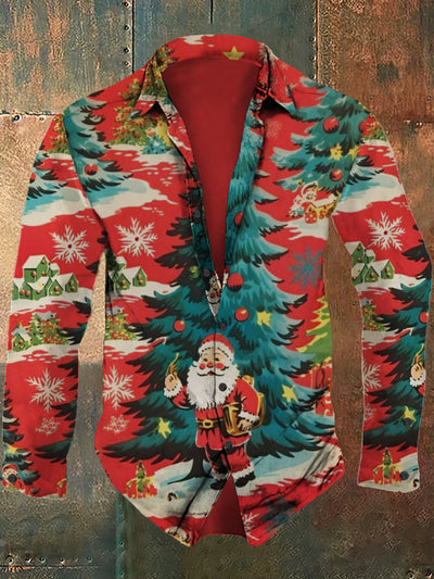 Men's retro Christmas print casual fashion lapel long sleeved shirt