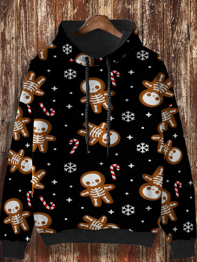 Unisex Christmas retro skull cartoon print casual loose long sleeved hooded sweatshirt