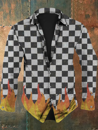 Men's retro abstract black and white checkered flame print casual fashion lapel long sleeved shirt