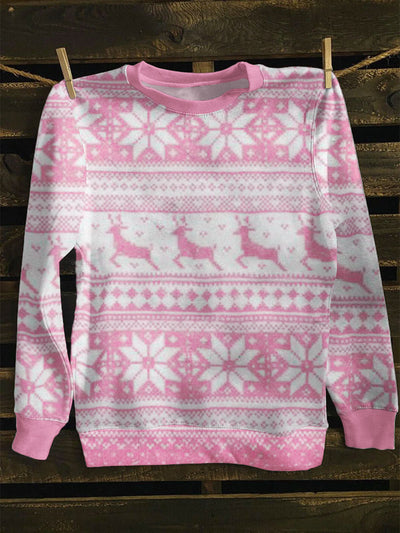 Unisex Pink Deer And Snowflake Print Long Sleeve Sweatshirt