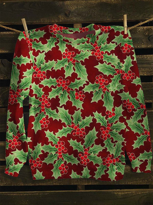 Unisex Christmas Holly Print Casual Sweatshirt