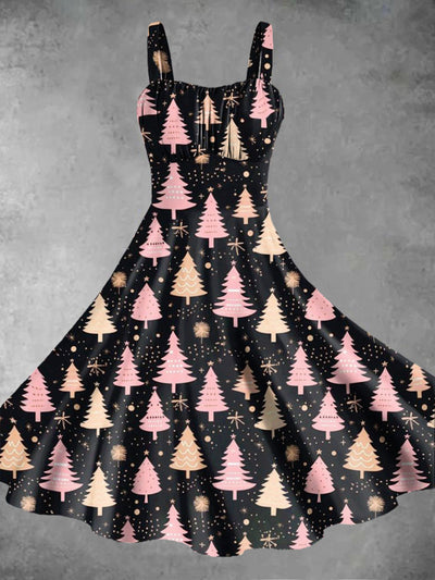 Women's Pink Christmas Trees Print Design Pinafore Dresses