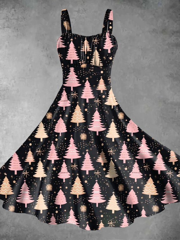 Women's Pink Christmas Trees Print Design Pinafore Dresses