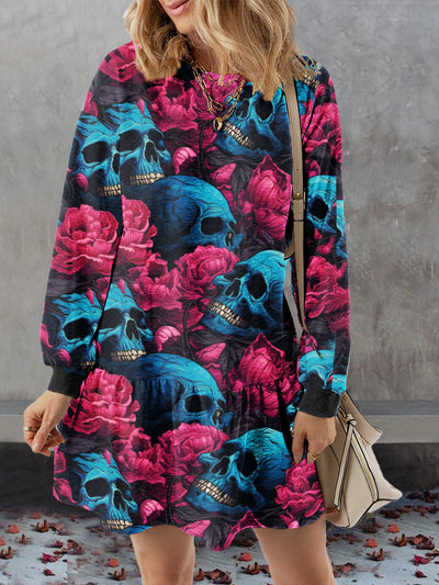 Women's Colorful Skull Abstract Print Casual Sweatshirt Dress