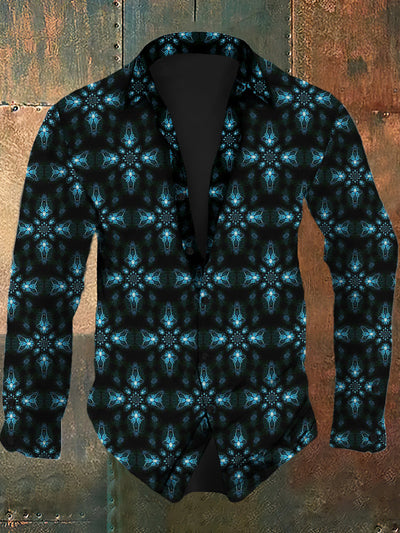 Men's retro abstract art continuous pattern print casual fashion lapel long sleeved shirt