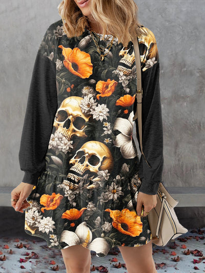 Women's Skull Floral Abstract Print Casual Sweatshirt Dress