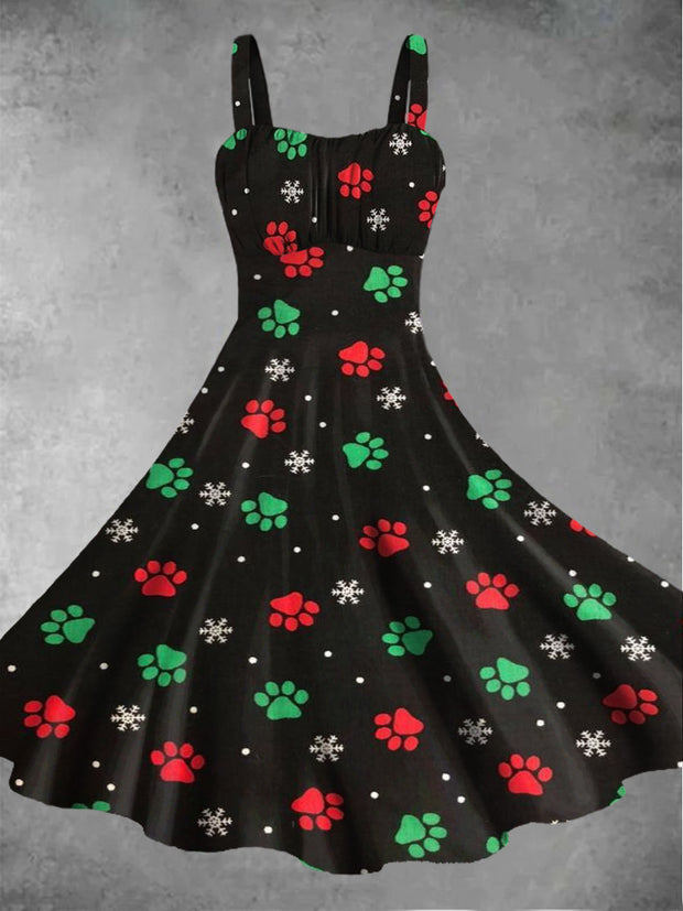 Women's Christmas Snowflake Claw Pattern Retro Printed Casual Fashion Sleeveless Dress