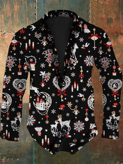 Men's Christmas vintage snowflake print casual fashion lapel long sleeved shirt