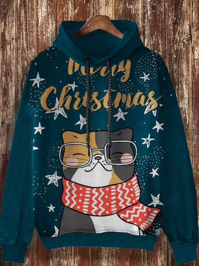 Unisex Christmas retro cartoon cat print casual loose long sleeved hooded sweatshirt