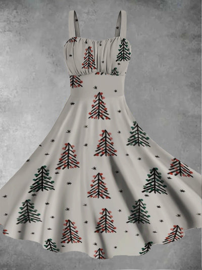 Women's retro Christmas tree print casual and fashionable sleeveless dress