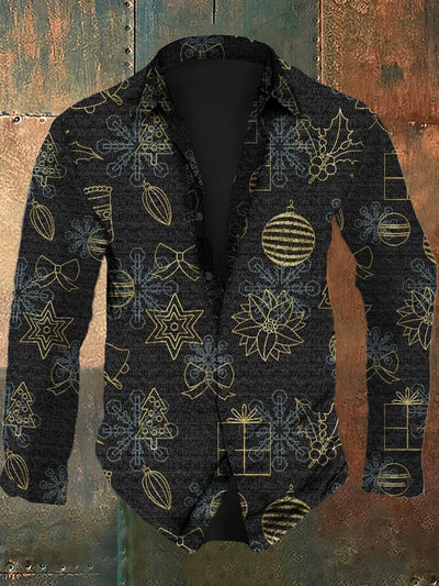 Men's Christmas retro printed casual and fashionable lapel long sleeved shirt