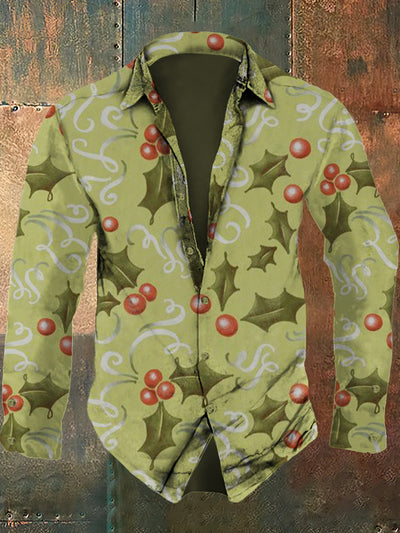 Men's Christmas retro printed casual and fashionable lapel long sleeved shirt